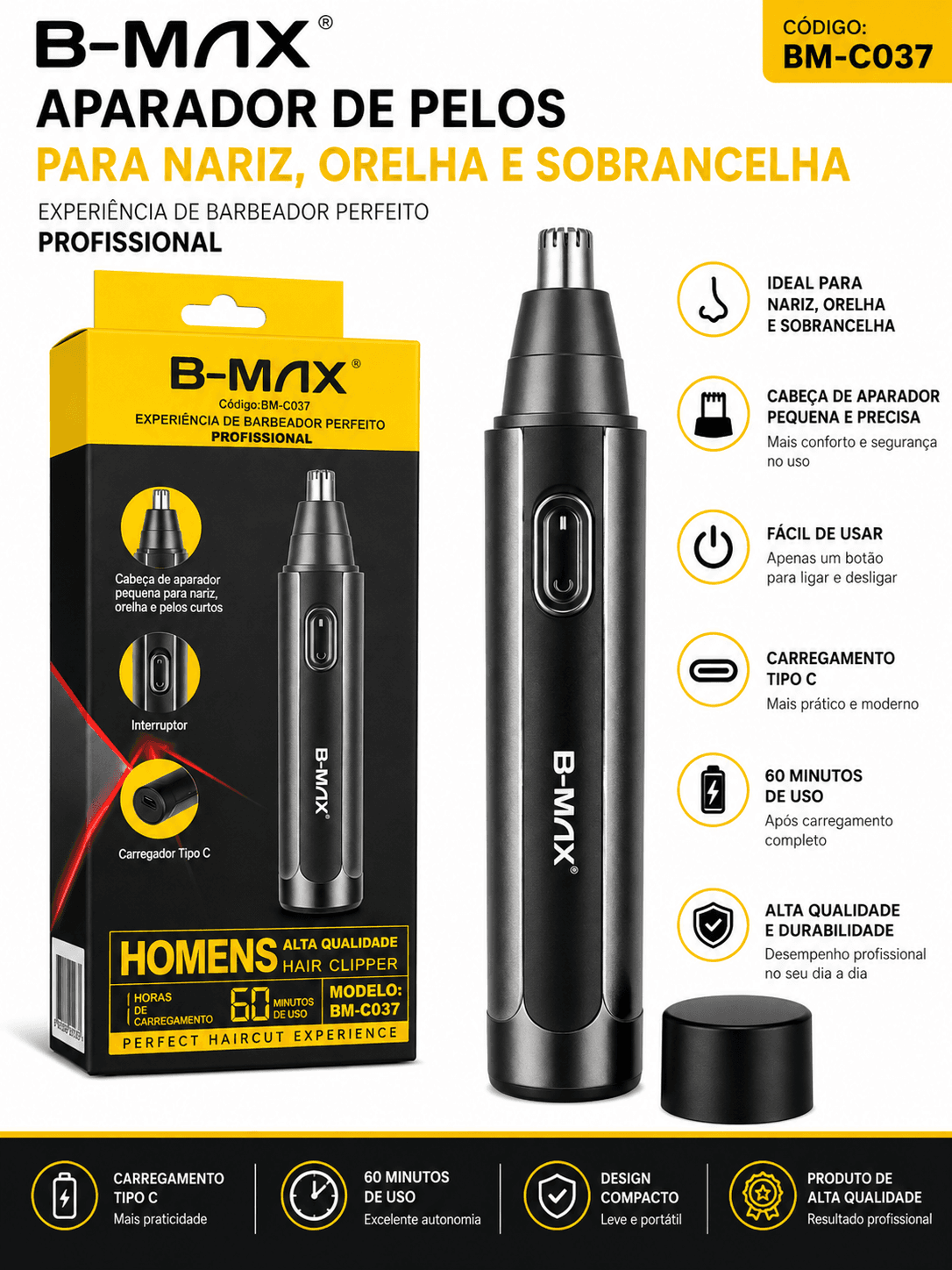 Aparador de Pelos B-MAX BM-C037 Nariz Orelha e Pelos Curtos Recarregável Tipo-C