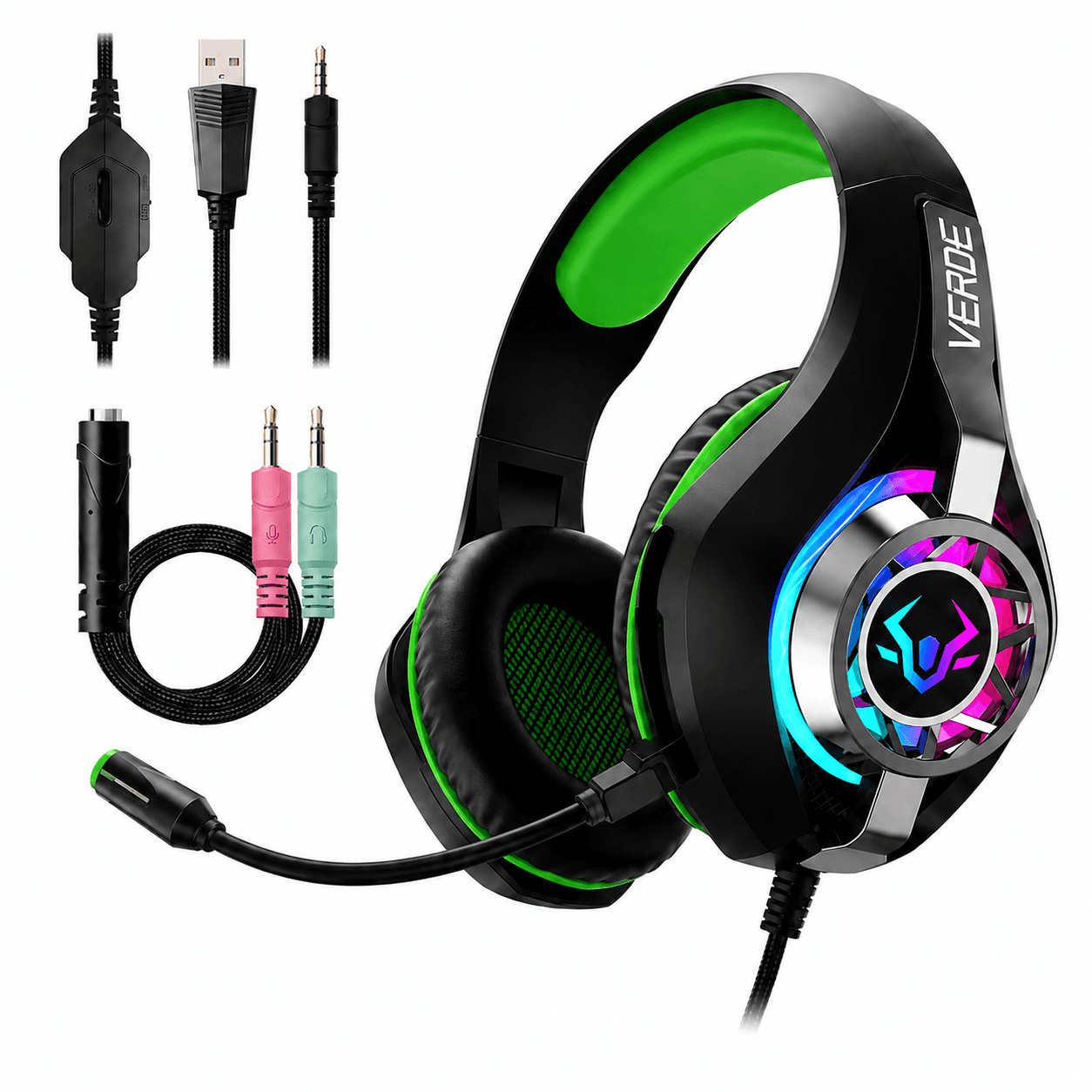 Headset Gamer VERDE EJ-903 RGB com Microfone | P2 3,5 mm + USB | Compatível com PC, PS4, PS5, Xbox, Nintendo Switch e Celular