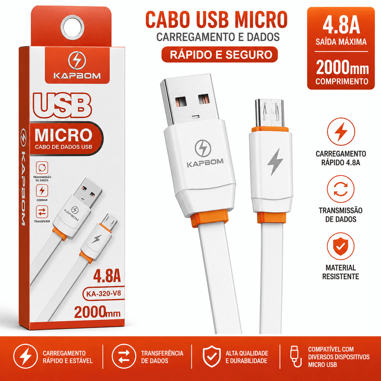 Cabo Micro USB Kapbom KA-320-V8 4.8A 2 Metros Carregamento e Dados