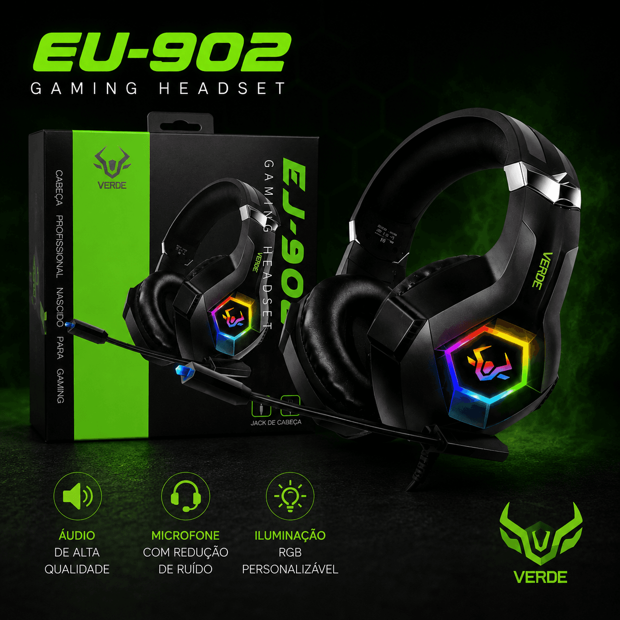 Headset Gamer VERDE EJ-902 com Microfone, Iluminação RGB e Conexão P2 + USB – Preto