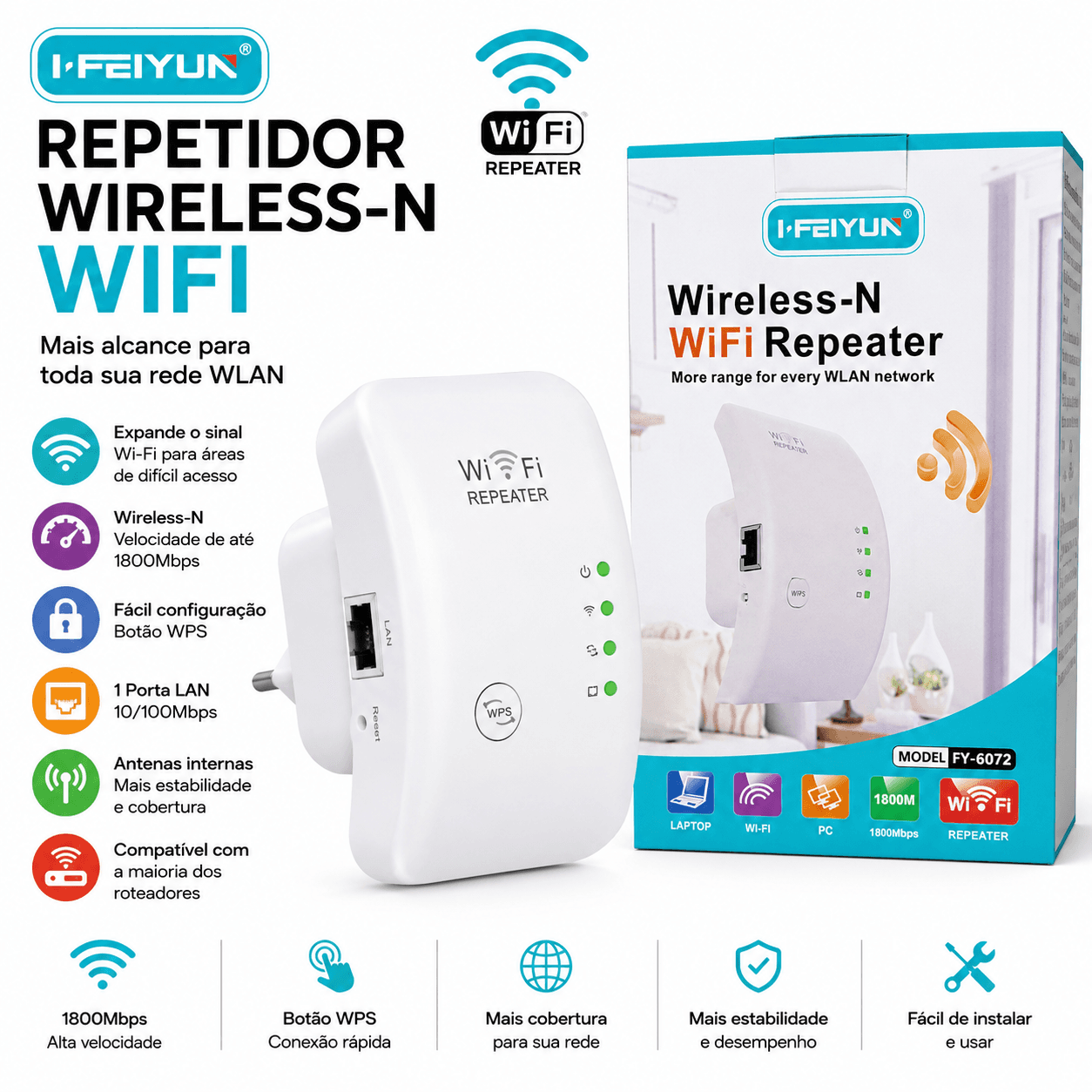 Repetidor de Sinal Wi-Fi Wireless-N I-FEIYUN FY-6072 com WPS e Porta LAN